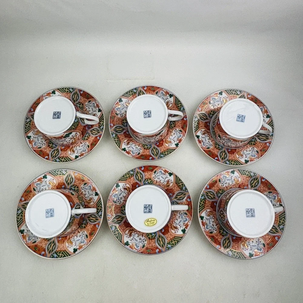 Andrea by Sadek Stork & Blossom Cup and Saucer Set of 6 Imari Japanese Porcelain